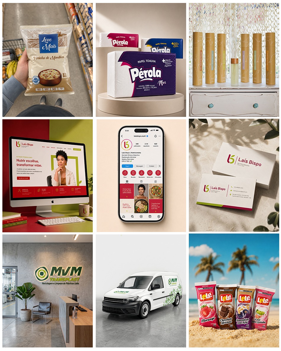 Portfólio de design no Behance com projetos de identidade visual, embalagens e branding